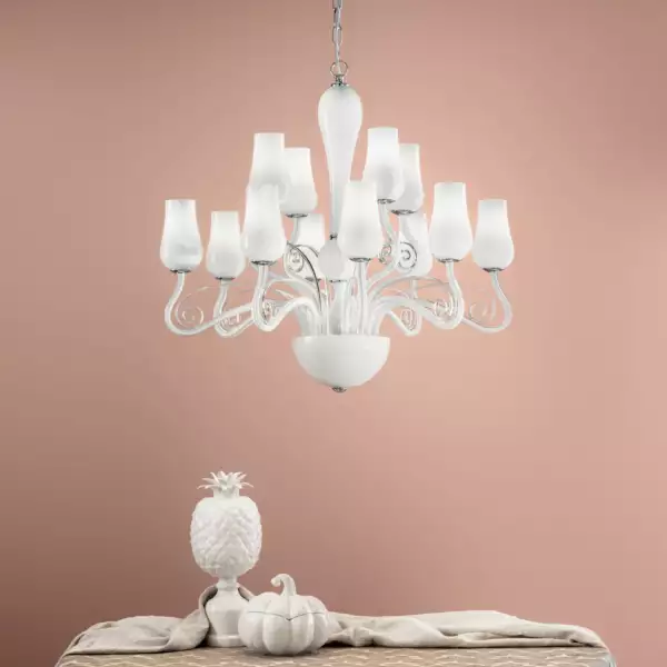 Lampe à suspension Angel en verre blanc à douze lumières avec détails chromés et transparents – Image 2