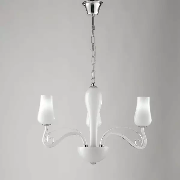 Lampe à suspension Angel en verre blanc à trois lumières avec détails chromés et transparents – Image 2