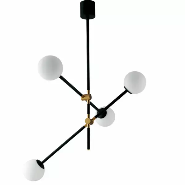 Lampe à suspension antitesi en métal noir et doré et quatre diffuseurs en verre blanc – Image 2