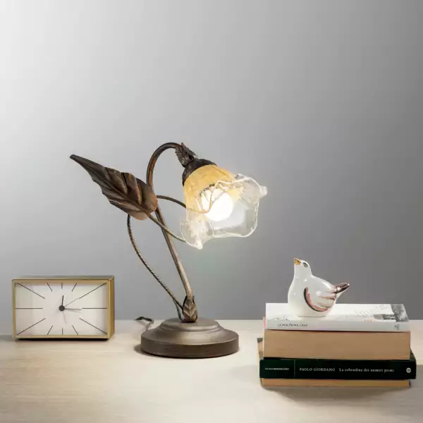LUCE AMBIENTE E DESIGN Lampe de table AUTUNNO en métal marron et verre à décors de feuilles (Lampes de table / Éclairage décoratif)