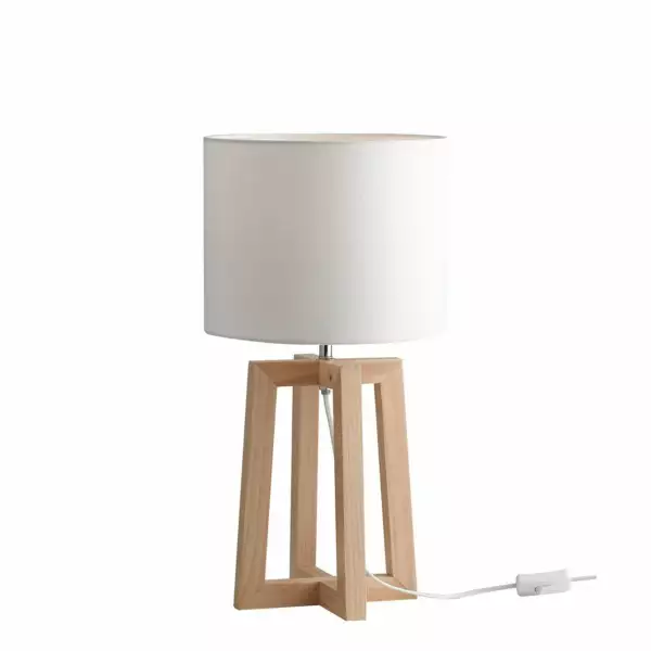 LUCE AMBIENTE E DESIGN Lampe de table BERRY en bois naturel avec abat-jour en tissu blanc (Lampes de table / Éclairage décoratif)