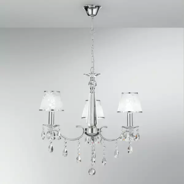 Lustre boeme en métal chromé et cristaux avec trois abat-jour pailletés – Image 2