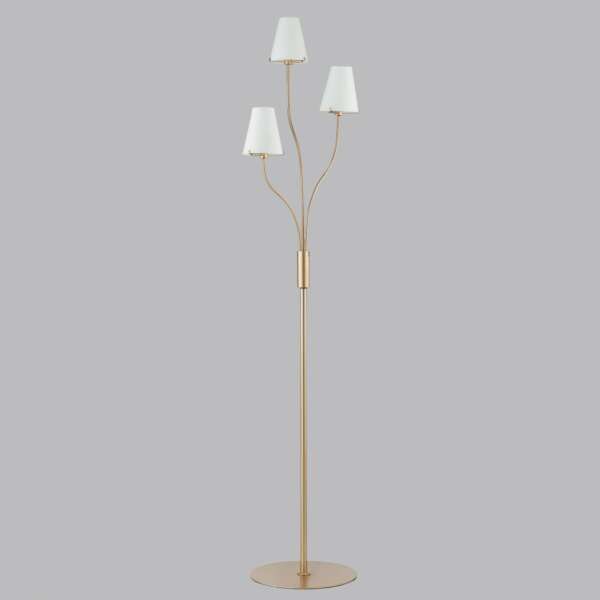 Lampadaire canto en métal doré avec trois diffuseurs en verre blanc – Image 2