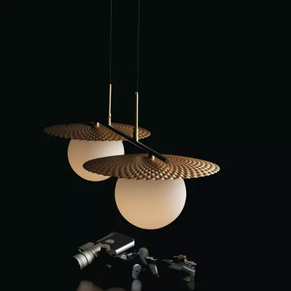 Chaplin suspension en métal doré avec deux diffuseurs en verre blanc – Image 2