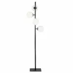 Lampadaire noir en métal noir avec quatre diffuseurs en verre blanc