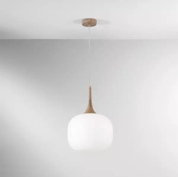 Lampe à suspension Jaipur en métal couleur bois et diffuseur en verre blanc de 30 cm – Image 2