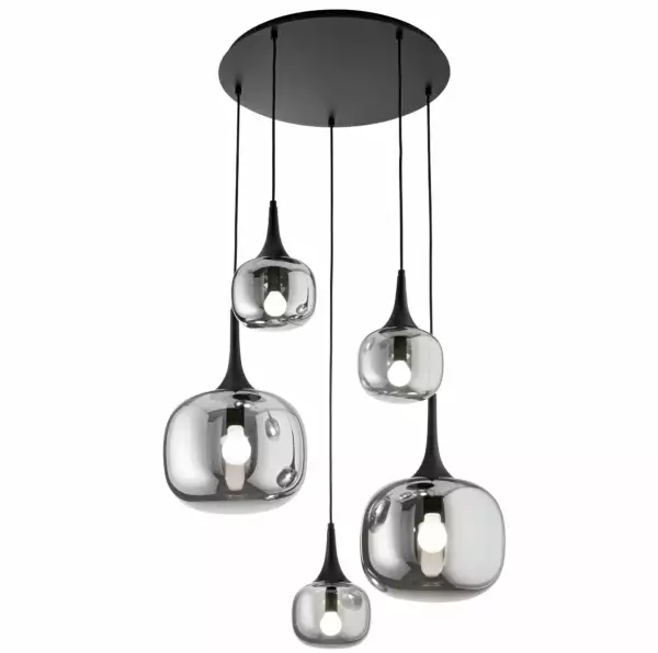 LUCE AMBIENTE E DESIGN Lampe à suspension Jaipur en métal noir et cinq diffuseurs en verre fumé (Suspensions Design & Déco / Éclairage intérieur LED)