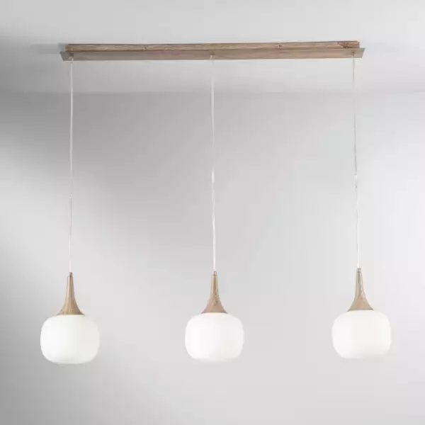 Suspension linéaire JAIPUR en métal coloris bois et trois diffuseurs en verre blanc – Image 2