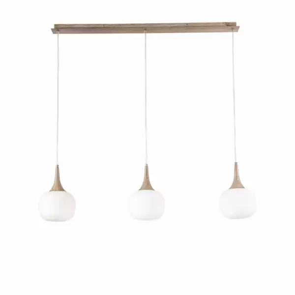 LUCE AMBIENTE E DESIGN Suspension linéaire JAIPUR en métal coloris bois et trois diffuseurs en verre blanc (Suspensions Design & Déco / Éclairage intérieur LED)
