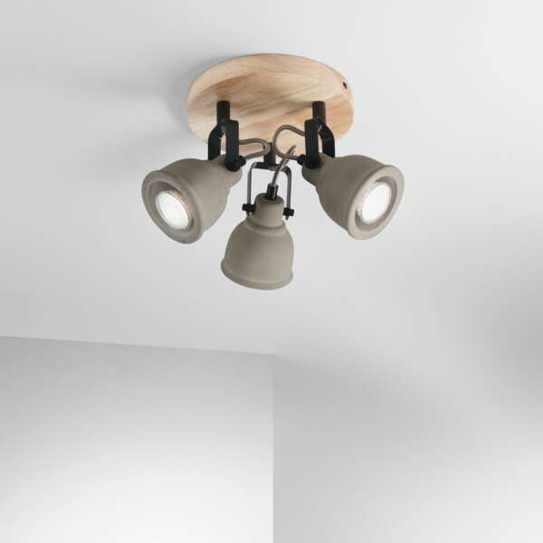 Plafonnier KISA avec socle en bois et trois diffuseurs en béton naturel – Image 2