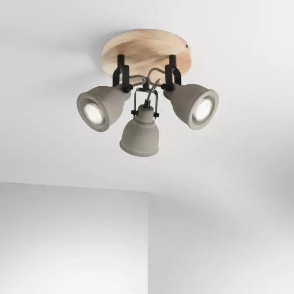 Plafonnier KISA avec socle en bois et trois diffuseurs en béton naturel – Image 2