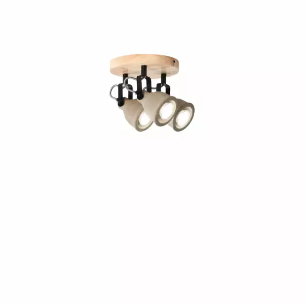 LUCE AMBIENTE E DESIGN Plafonnier KISA avec socle en bois et trois diffuseurs en béton naturel (Plafonnier / Éclairage intérieur LED)
