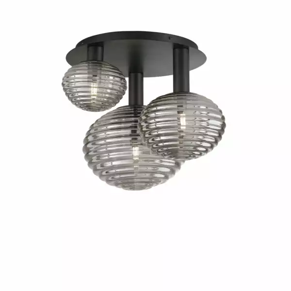 LUCE AMBIENTE E DESIGN Plafonnier Ripple en métal noir avec trois diffuseurs en verre (Plafonnier / Éclairage intérieur LED)