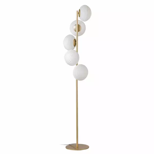 LUCE AMBIENTE E DESIGN Lampadaire Ripple en métal doré avec cinq diffuseurs en verre blanc 160 cm (Lampadaires / Éclairage décoratif)