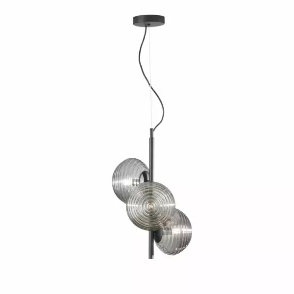 LUCE AMBIENTE E DESIGN Lampe à suspension RIPPLE en métal noir avec trois diffuseurs en verre fumé 165 x 32,5 cm (Suspensions Design & Déco / Éclairage intérieur LED)