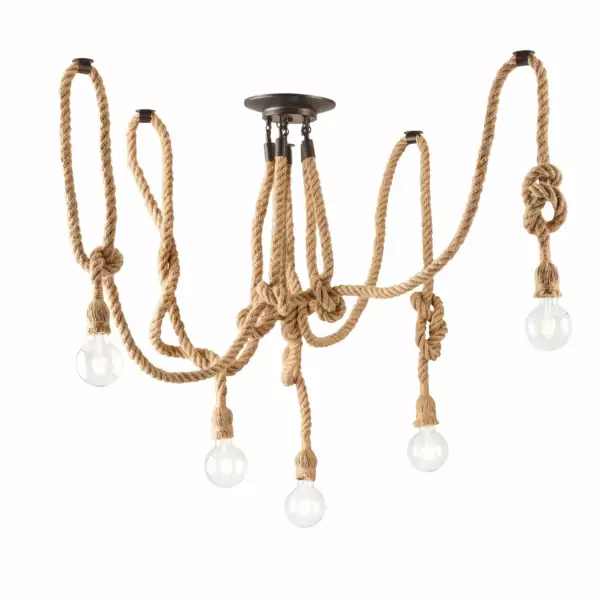 LUCE AMBIENTE E DESIGN Plafonnier rope en métal blanc et corde à cinq lumières (Plafonnier / Éclairage intérieur LED)