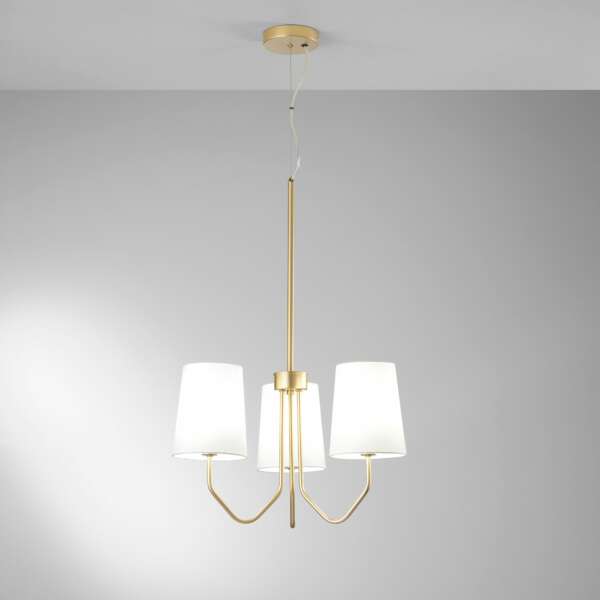 Suspension Sally à trois lumières en métal doré avec abat-jour en tissu blanc – Image 2