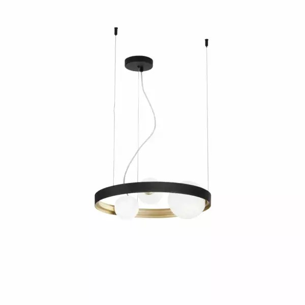 LUCE AMBIENTE E DESIGN Lampe à suspension SONETTO avec structure en aluminium noir et doré avec trois diffuseurs en verre (Suspensions Design & Déco / Éclairage intérieur LED)