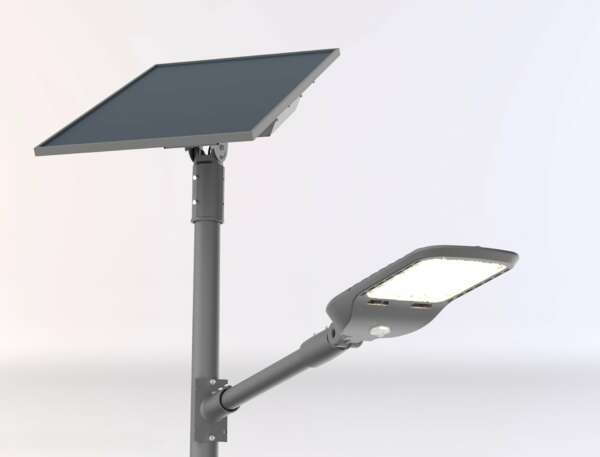INTEC Feu de route LED IPERION argent avec détecteur de mouvement et panneau solaire 75W 4000K (lumière naturelle) IP65 (Éclairage solaire LED)