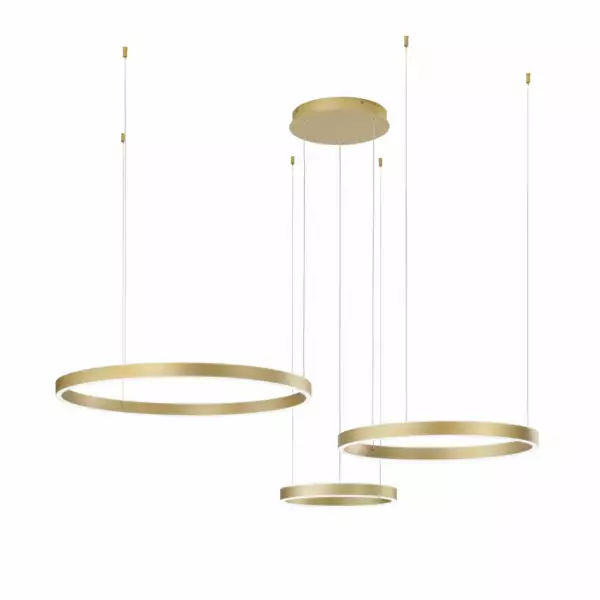 LUCE AMBIENTE E DESIGN Suspension LED dorée avec 3 anneaux métalliques double émission et diffuseur en silicone 180W 80 cm 60 cm 40 cm (Suspensions Design & Déco / Éclairage intérieur LED)