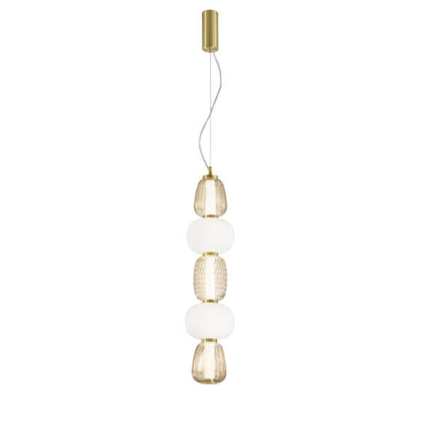 LUCE AMBIENTE E DESIGN Suspension totem dorée 5 verres transparents avec LED opale intégrée 36W 3000K 1500 mm (Suspensions Design & Déco / Éclairage intérieur LED)
