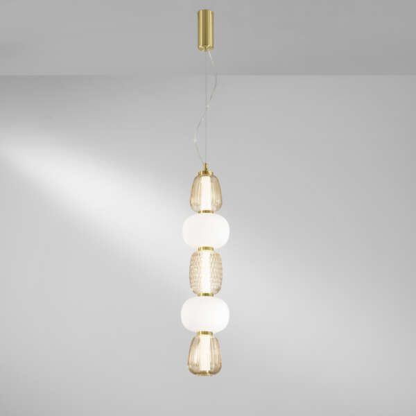 Suspension totem dorée 5 verres transparents avec LED opale intégrée 36W 3000K 1500 mm – Image 2